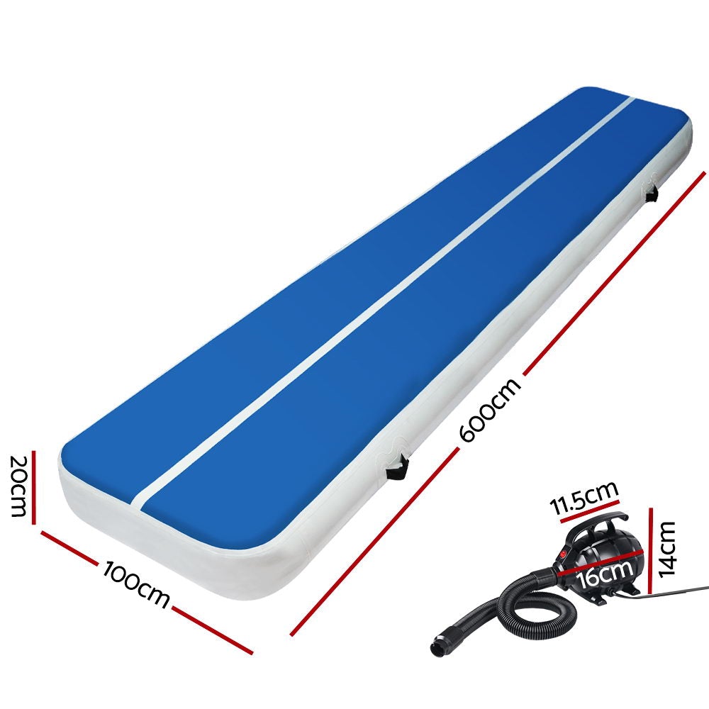 Everfit 6X1M Inflatable Air Track Mat in blue, showcasing its 20CM thickness and durable design, ideal for gymnastics and cheerleading.